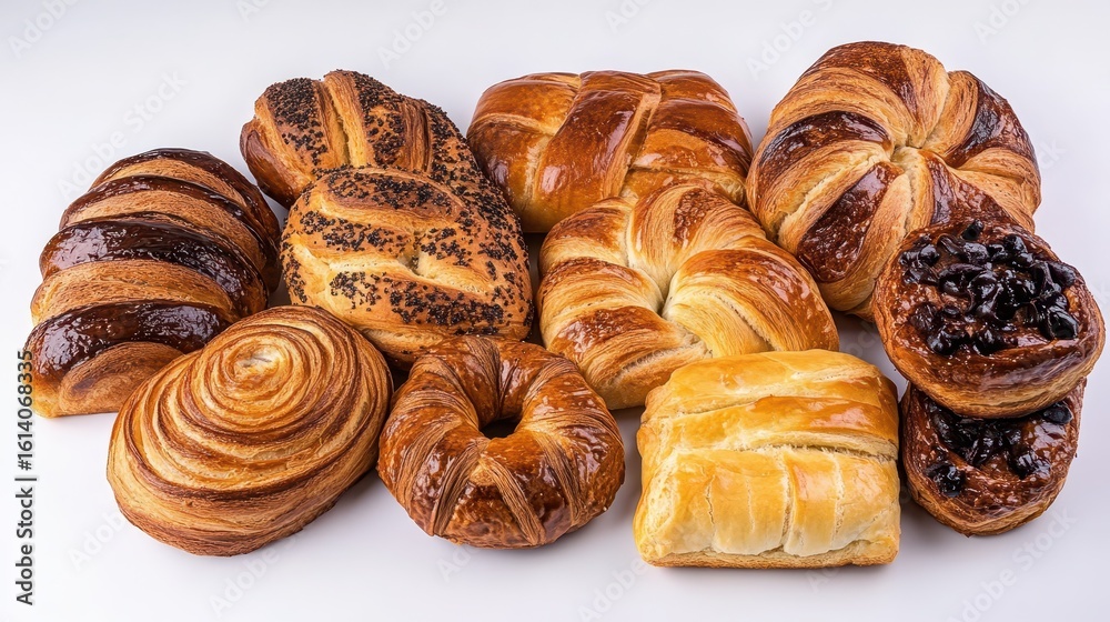 Fototapeta premium Assorted Freshly Baked Pastries and Breads on White Background