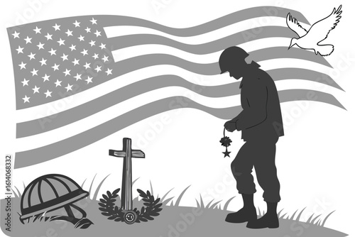 Soldier memorializing with flag and dove cross