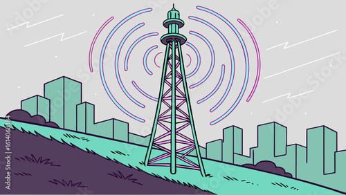 Futuristic communication tower broadcasting signals over a stylized city waves