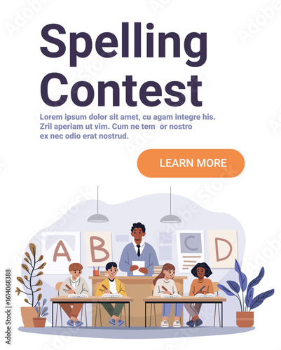 Spelling contest classroom teacher students writing desks educational activity learning plants books posters modern website banner