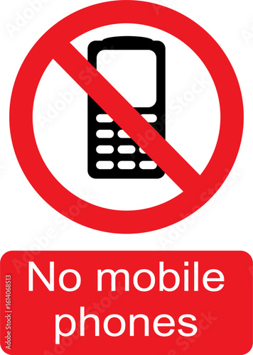 Black, white and red vector graphic of No mobile phones prohibited warning sign