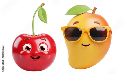 3D cute cartoon happy cherry and mango with sunglasses characters isolated on transparent background, PNG file add