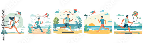 People joyfully running on a beach with kites, enjoying a sunny day.