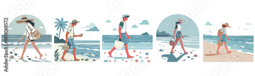 Five stylized figures stroll along a tranquil beach, each carrying belongings, enjoying a serene coastal walk under a calming sky.