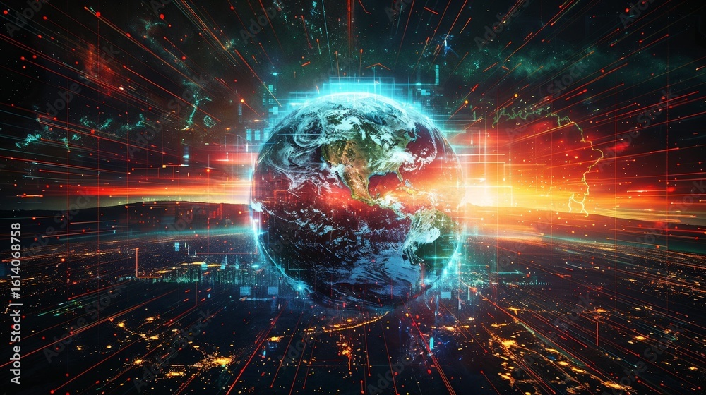 Obraz premium A globe hologram, glowing blue and red, emanates light rays and data streams amidst a chaotic, energetic backdrop of global geopolitical unrest.