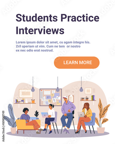 Students practice interviews group discussion teamwork classroom setting diverse young people seated with laptops modern interior plants notice board website banner