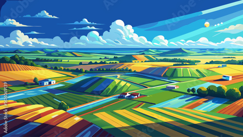 A bird's-eye perspective of farmland under a vibrant blue sky with clouds reveals patchwork fields in golden light. Semi-realistic vector style captures depth, color, and peaceful rural charm.