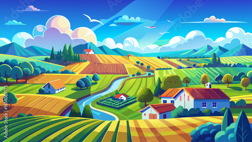 A bird's-eye perspective of farmland under a vibrant blue sky with clouds reveals patchwork fields in golden light. Semi-realistic vector style captures depth, color, and peaceful rural charm.
