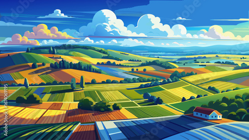 A bird's-eye perspective of farmland under a vibrant blue sky with clouds reveals patchwork fields in golden light. Semi-realistic vector style captures depth, color, and peaceful rural charm.