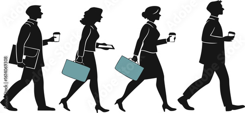 Silhouetted professionals in motion depicting busy business people on the go carrying briefcases and coffee cups
