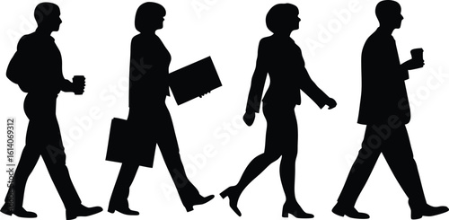 Silhouettes of professionals walking in various outfits carrying briefcases and coffee cups for business and daily commuting.