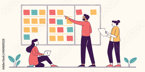 Team collaboration and agile project management strategy illustrated with sticky notes and teamwork on a planning board