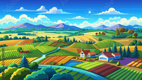 A bird's-eye perspective of farmland under a vibrant blue sky with clouds reveals patchwork fields in golden light. Semi-realistic vector style captures depth, color, and peaceful rural charm.