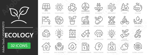 Ecology line icon set. Recycle, solar power, eco, nature, eco farming, green, environment, bio energy, clear water - stock vector.