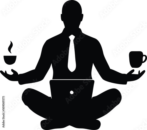 Business professional in meditation with laptop coffee cup and steaming beverage conceptualizing work life balance and relaxation