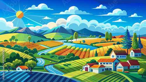 A bird's-eye perspective of farmland under a vibrant blue sky with clouds reveals patchwork fields in golden light. Semi-realistic vector style captures depth, color, and peaceful rural charm.