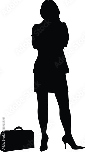 Silhouette of a confident businesswoman standing with folded arms beside a briefcase ready for work or travel