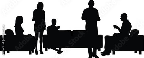 Silhouetted figures in a modern social setting representing leisure relaxation and discussion enjoying coffee or beverages