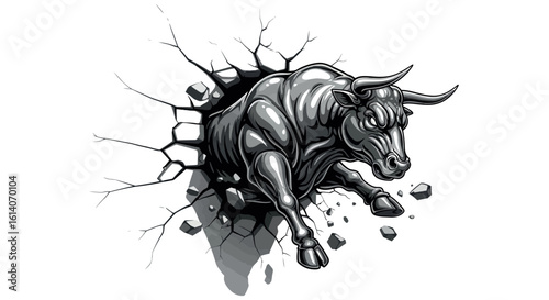 Dynamic bull breaking through a wall in bold black and white style