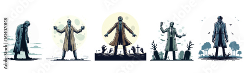 Five stylized figures in long coats, exhibiting diverse postures and moods against varied atmospheric backgrounds.