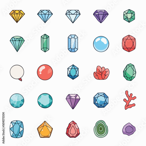 Colorful Gemstone and Crystal Icons Collection.