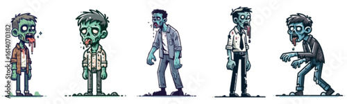 A collection of five cartoon zombies, each with distinct features and attire.