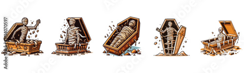 Illustrations depicting mummies emerging from coffins, with various poses and expressions.