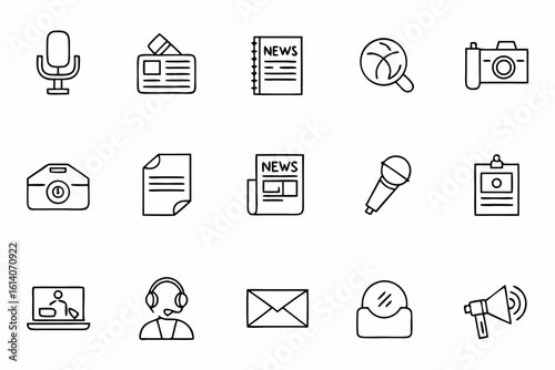 A modern line bundle illustrating both traditional and digital journalism essentials. Ideal for press freedom campaigns, online news platforms, and education