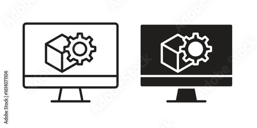 Virtual machine icon in a black stroke vector design and flat solid version on white background