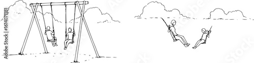 Minimalist Ink Art Depicting a Swingset and Swinging Figures with Clean Lines on Pastel Paper, Set Against a Dreamy Cloud Background, Perfect for Soft and Artistic Design Projects