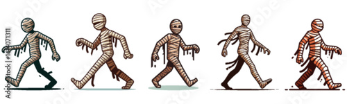 Animated mummies in various stages of walking.