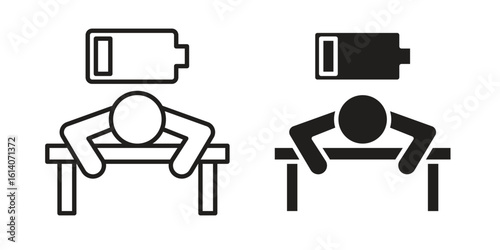 Tired person icon in a black stroke vector design and flat solid version on white background