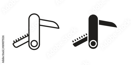 Swiss Knife icon in a black stroke vector design and flat solid version on white background