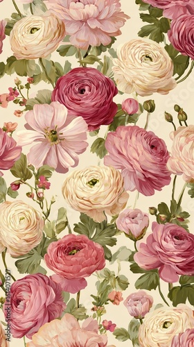 Ranunculus flowers in pale tones on cream rose flat surface, template for social media banner, digital marketing, web, mobile wallpaper, greetings card