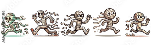 Five cartoon mummies compete in a running race, showcasing varying levels of speed and effort.