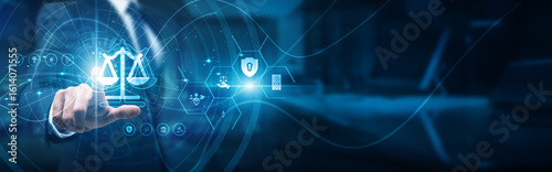 Obraz na plátně Legal advisor hand touch interface LegalTech solution suite, case management automation contracts compliance e-discovery AI-powered research workflows and security collaboration