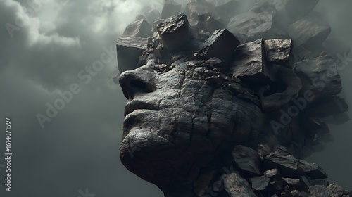 a human head merged with a mountain of jagged stone, symbolizing anxiety and mental burden, surreal conceptual landscape, moody lighting 