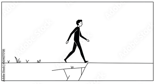 Minimalist black and white outline of person walking near cliff edge