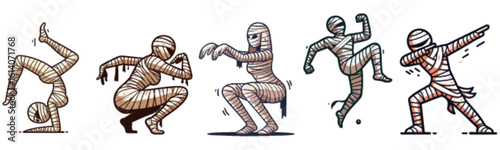 Five mummies in various dynamic poses, showcasing flexibility and modern dance moves, including a handstand, squat, and dab.