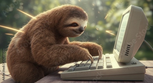 Sloth efficiently types on retro computer, embodying speed in a slow-motion world