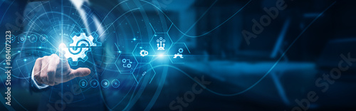 Fotografija IT admins hand-touch menu settings configuration console, user access privileges control system preferences customization security interface, and workflow environment