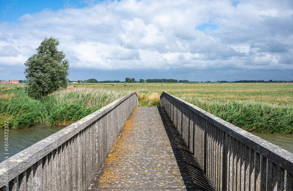 Fototapeta premium Perspective view over wooden bridge at the Uitkerkse Polders in Uitkerke, West Flanders, Belgium