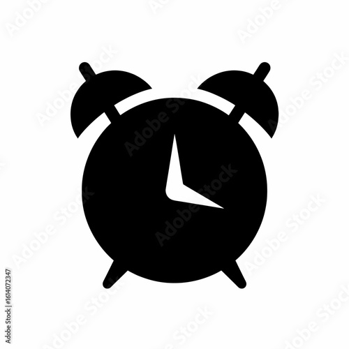 Classic twin bell alarm clock icon. Black silhouette representing time, wake-up calls, and reminders.