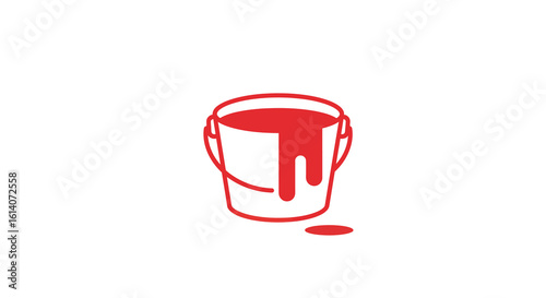 Red paint bucket dripping minimalist art on white background
