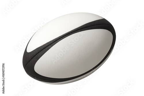 Photorealistic 3d rendering showing white-black rugby ball rotating, isolated against transparent background