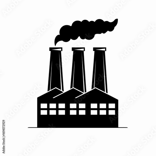 Black silhouette of an industrial factory with smokestacks. Icon representing manufacturing, power plant, and industrial emissions.