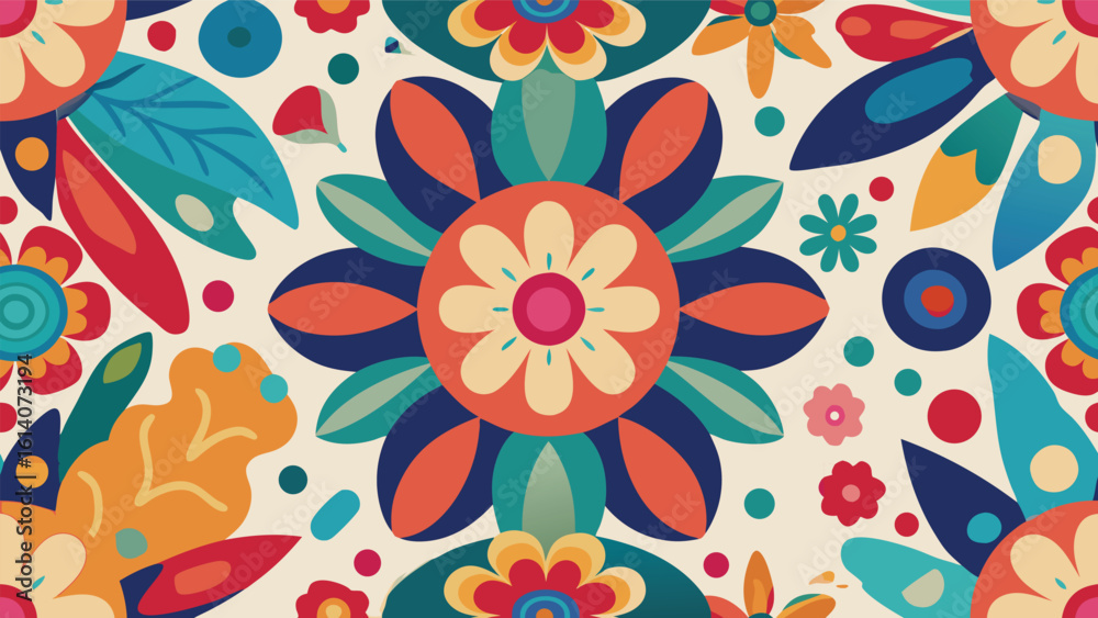 Fototapeta premium Colorful floral seamless pattern with vibrant flowers and whimsical shapes design elements