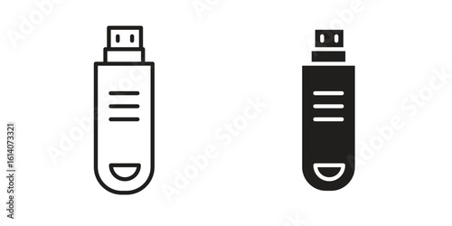 Pendrive icon in a black stroke vector design and flat solid version on white background