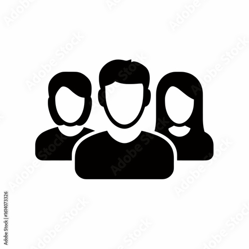 Abstract monochrome icon depicting a diverse group of individuals, symbolizing community, teamwork, and social connection for modern digital interfaces and graphic design.