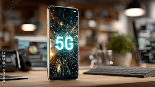 Smartphone displaying 5G network on a desk